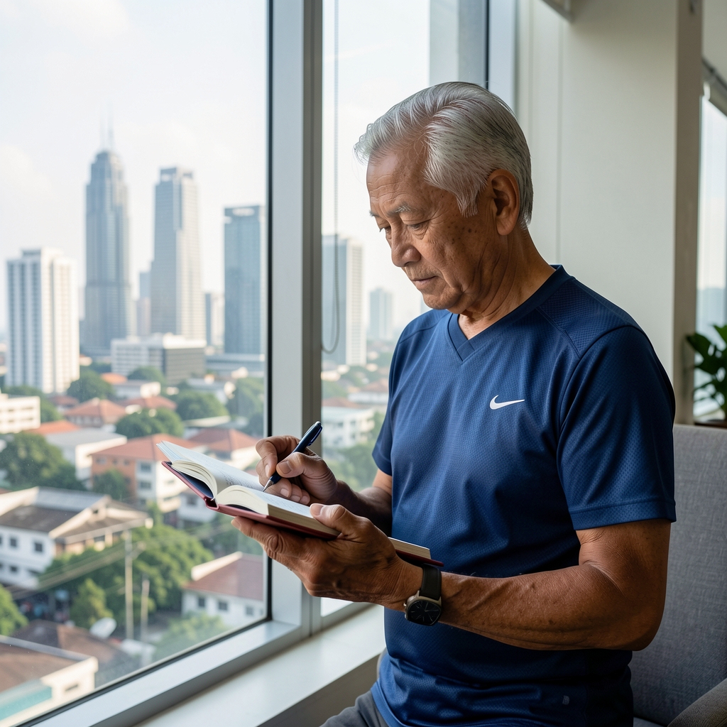 Older athlete reviewing a training journal beside a city window in Jakarta