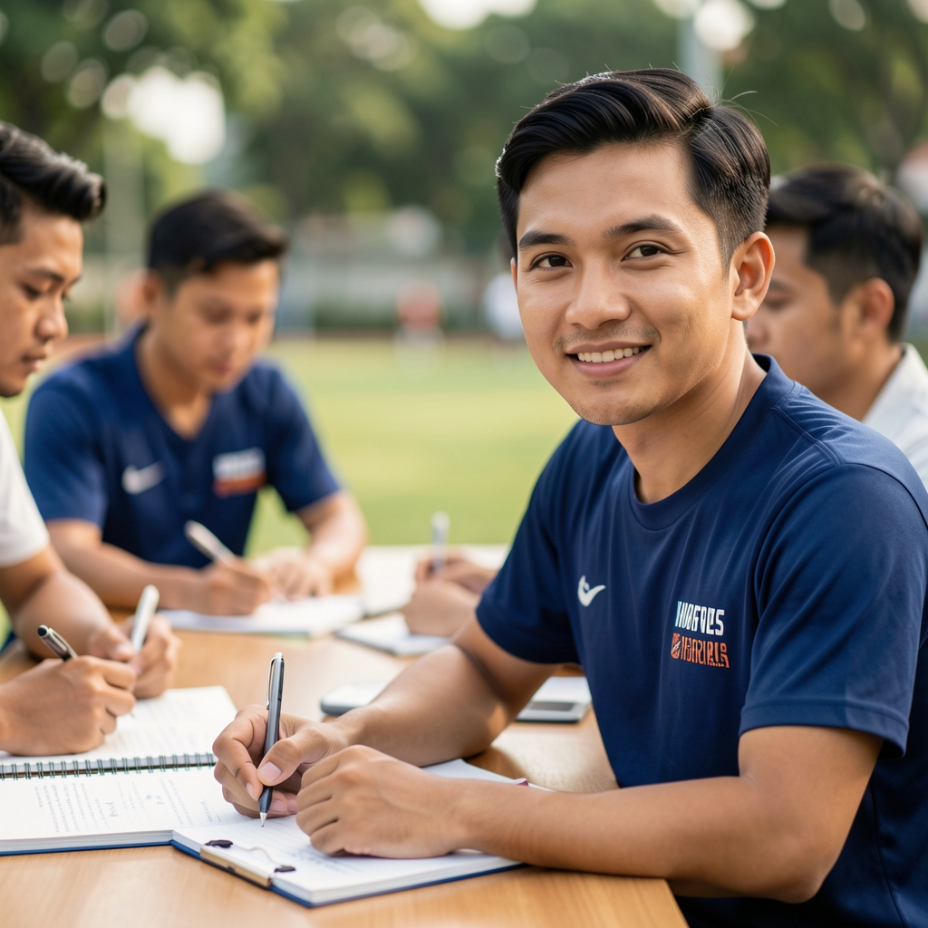 Editorial team reviewing sports physiology notes around a table in Jakarta