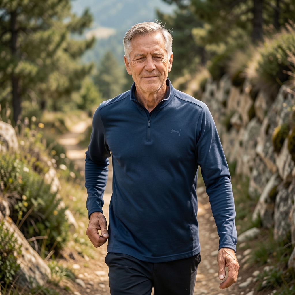 Mature athlete breathing calmly during a measured outdoor uphill walk