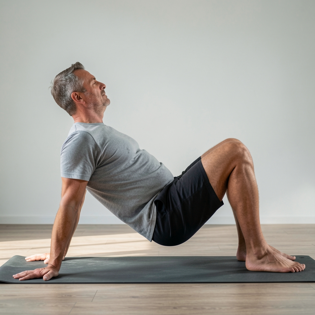 Man over 35 performing controlled hip mobility exercise on a studio mat