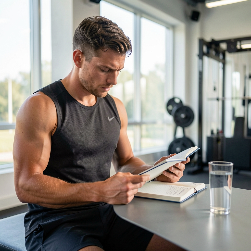 Athlete reviewing a recovery journal beside a glass of water after training