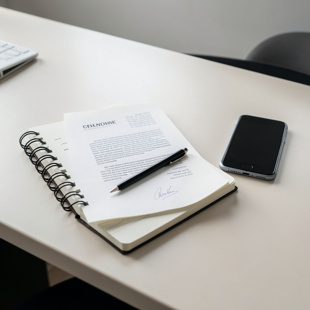 Editorial correspondence and notebook arranged beside a phone on a clean desk
