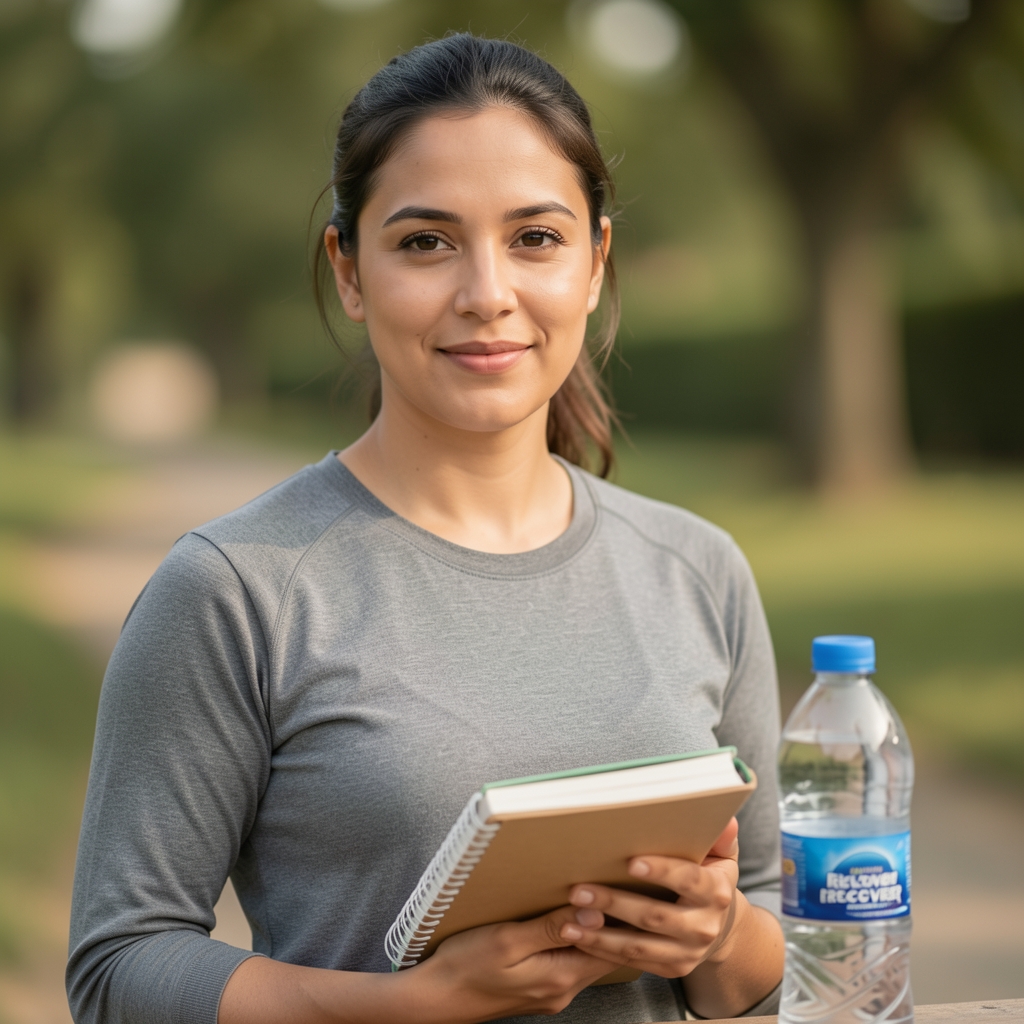 Portrait of a nutrition and recovery contributor beside a notebook and water bottle