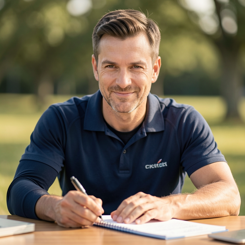 Portrait of a sports physiology contributor reviewing notes at a desk