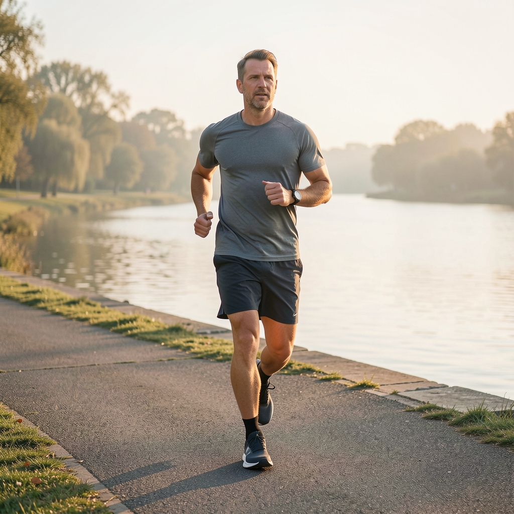 Man in his forties jogging along a riverside path during early morning light