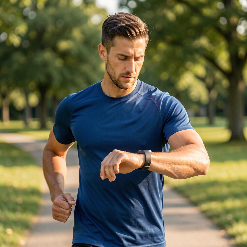 Man checking a fitness watch heart rate reading while jogging outdoors