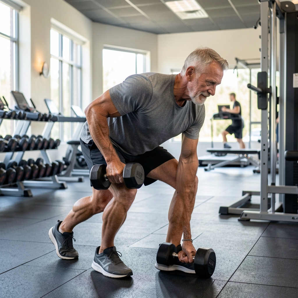 Mature athlete performing a controlled dumbbell row in a well-lit community gym