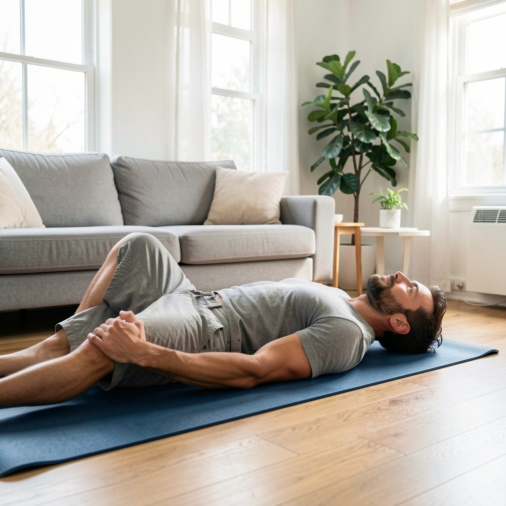 Man stretching his hips and lower back on a mat in a bright home living room