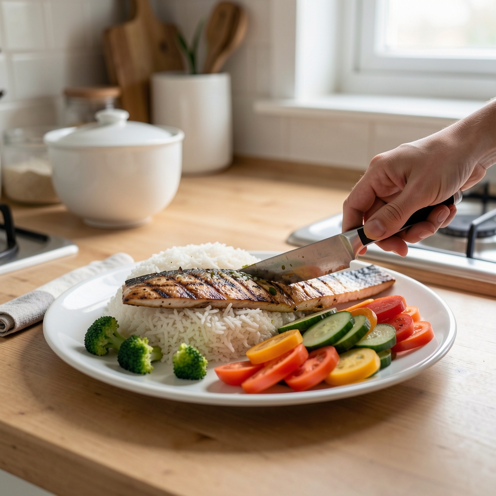 Simple balanced meal with rice, grilled fish, and vegetables being prepared in a home kitchen