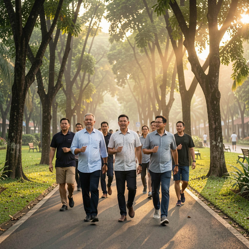 Group of men over 35 walking briskly along a tree-lined path in a Jakarta park at dawn