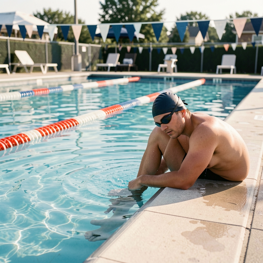 Swimmer resting at the edge of an outdoor lap pool during a light recovery session