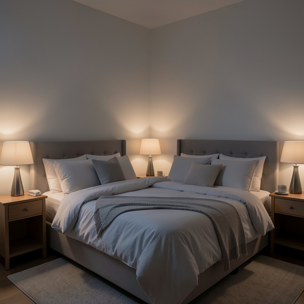 Tidy bedroom with dimmed lighting set up for a consistent evening wind-down routine