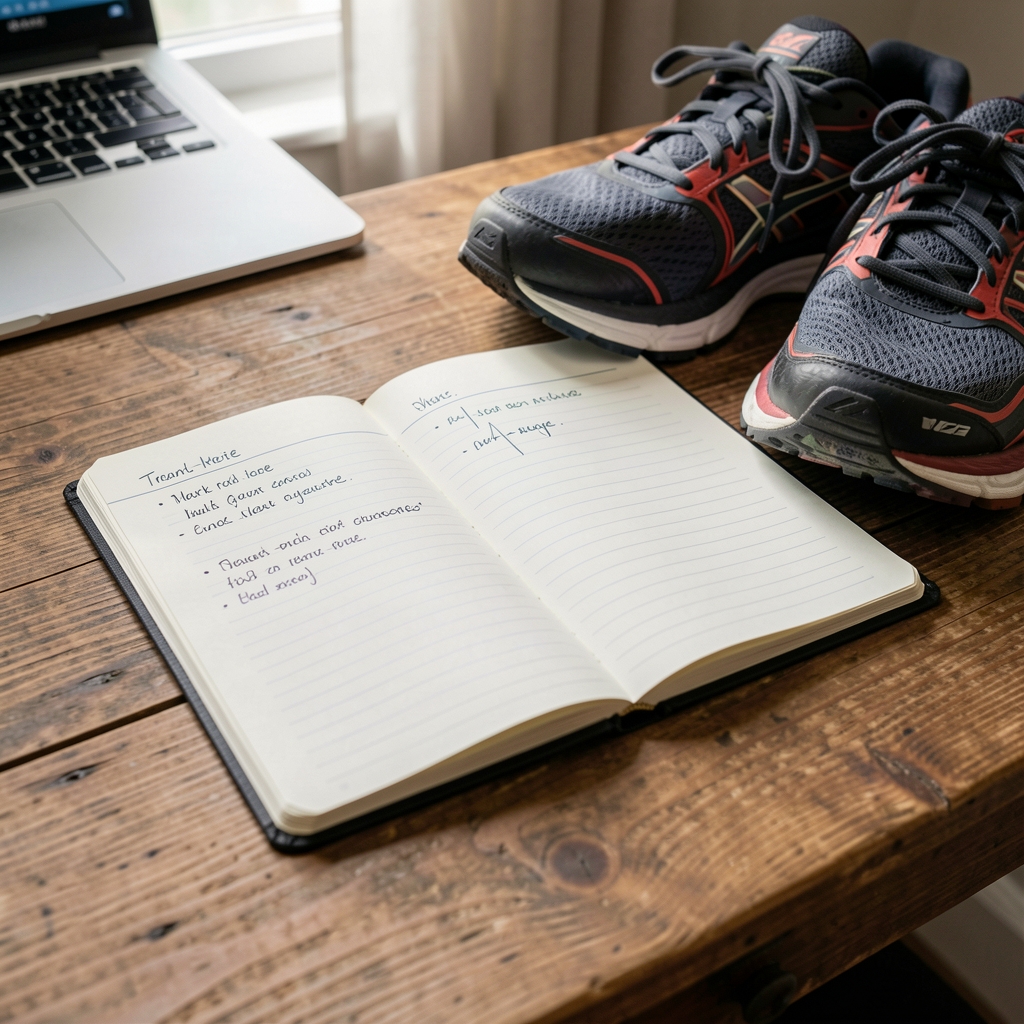 Open training notebook with heart-rate notes beside running shoes on a wooden desk