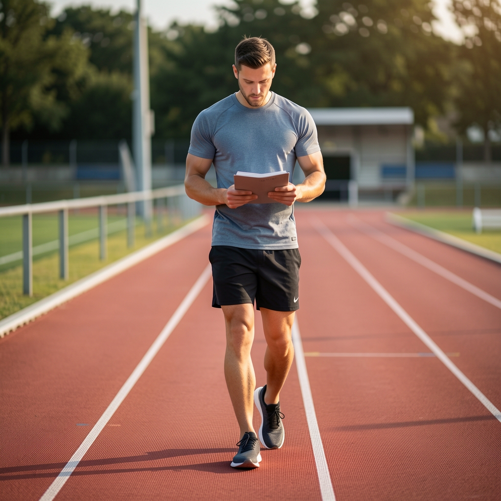 Athlete walking around an outdoor track while consulting a simple training guide