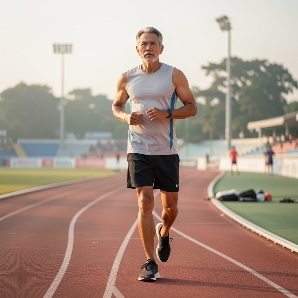 Mature male runner preparing beside a Jakarta track at soft morning light