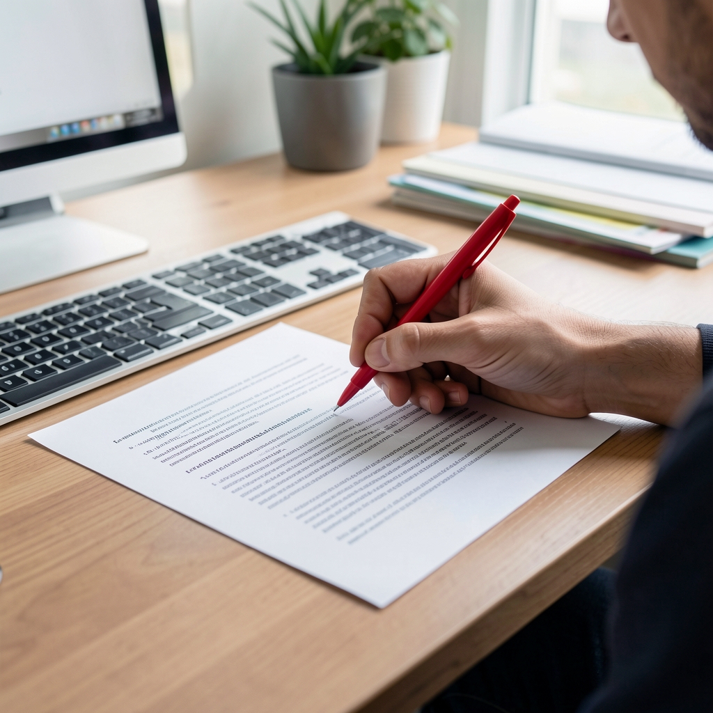 Editor annotating a printed training article with a red pen at a desk