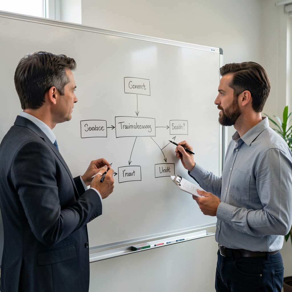 Two colleagues discussing a training framework diagram on a whiteboard