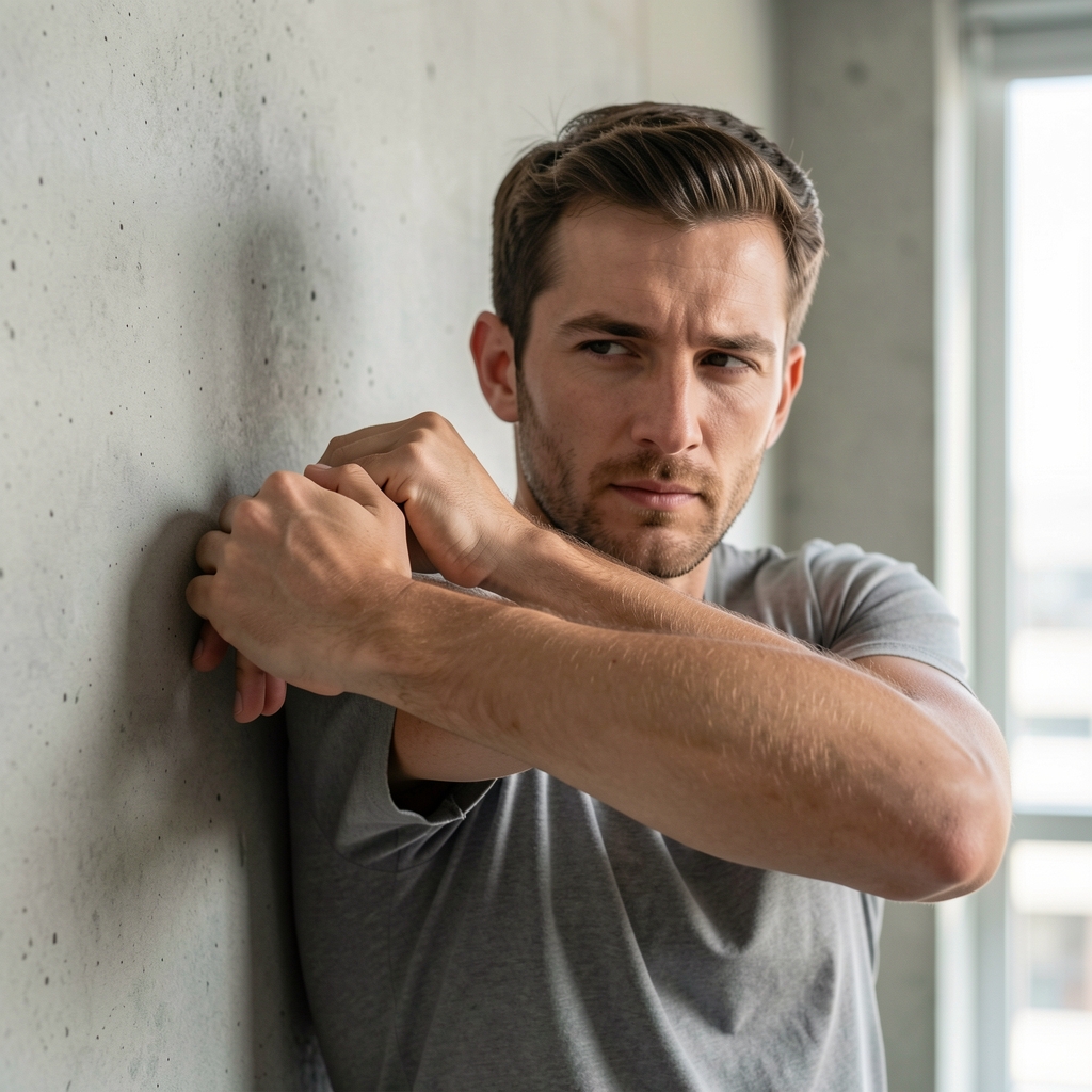 Close-up of a man performing a controlled shoulder mobility stretch against a wall