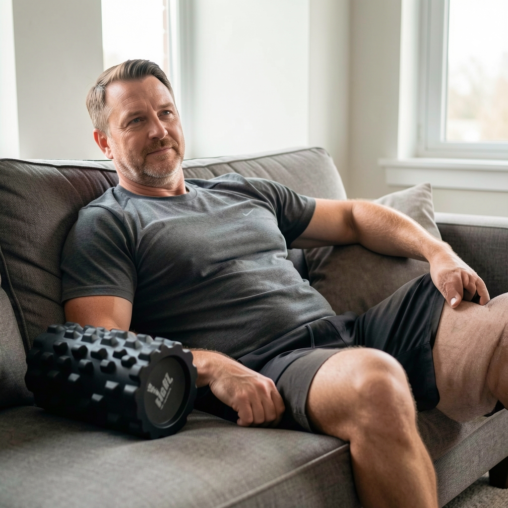 Man in his forties resting on a couch with a foam roller nearby after a workout