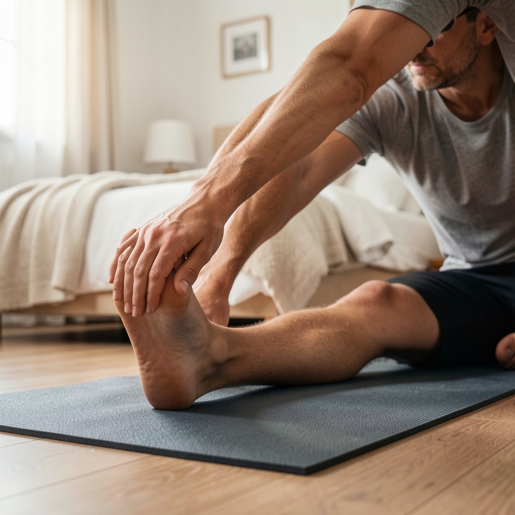 Close-up of a man stretching his hamstring on a yoga mat in a quiet bedroom