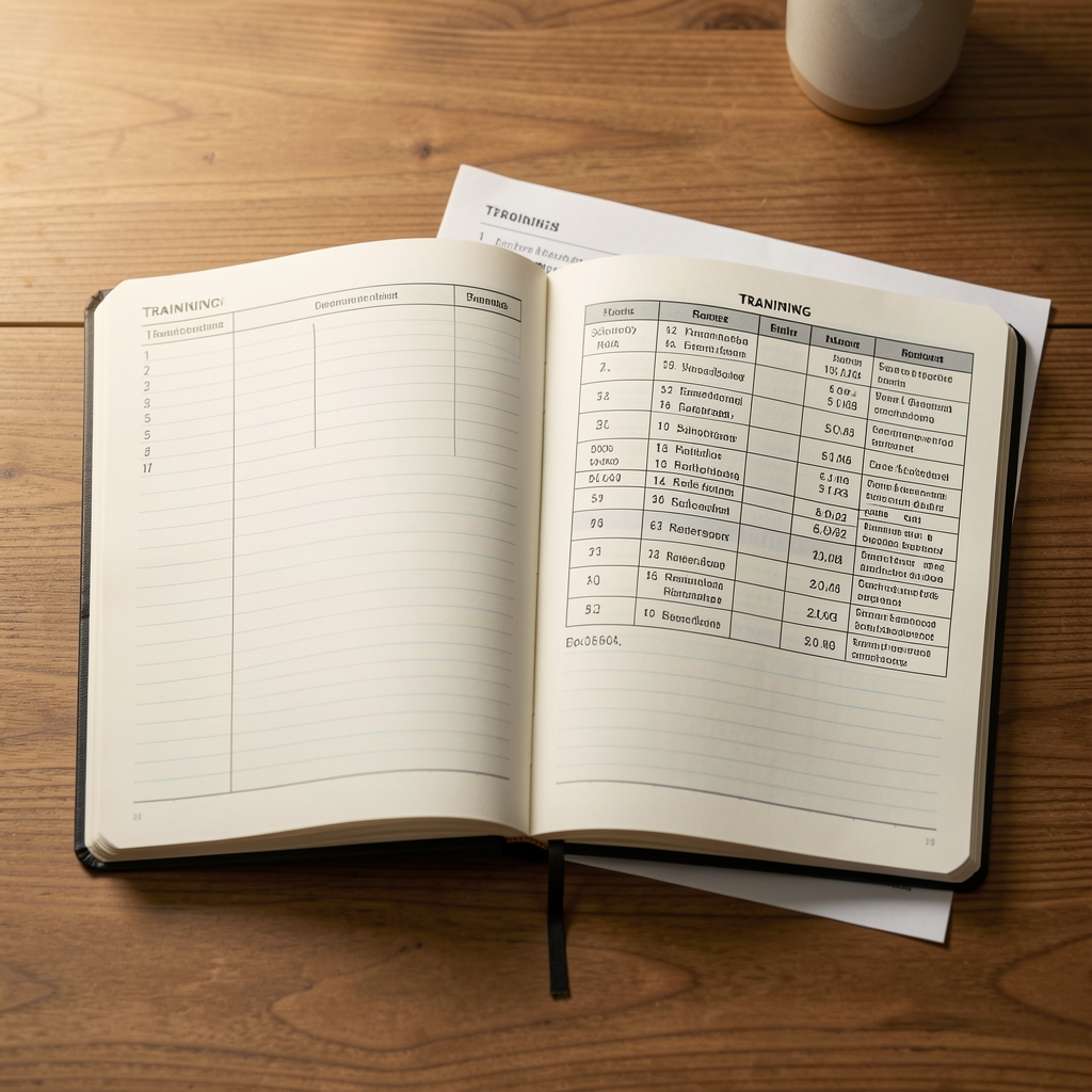 Open notebook with training log and printed reference tables on a wooden desk