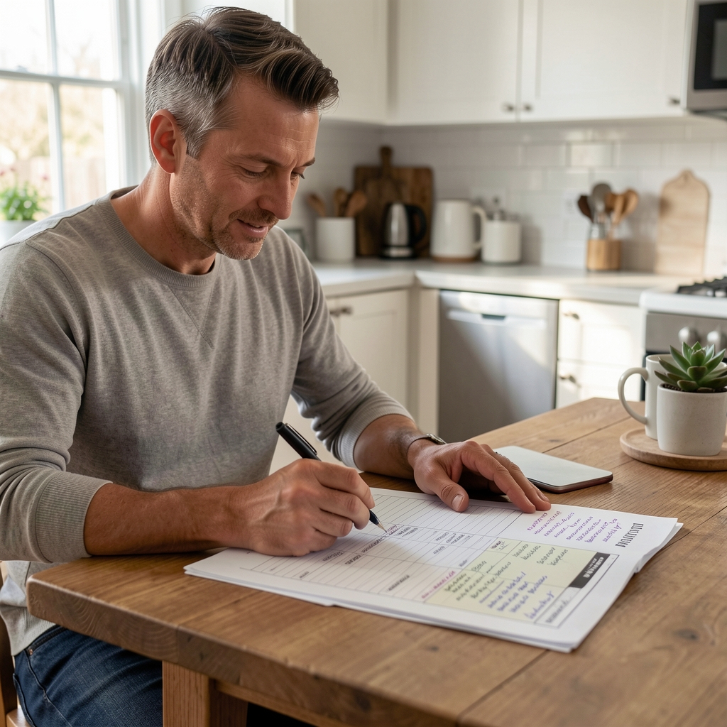 Man reviewing a printed training log and highlighting notes at a kitchen table