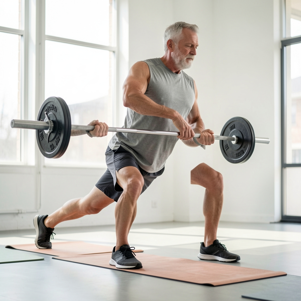 Mature athlete completing a measured resistance exercise in a bright studio