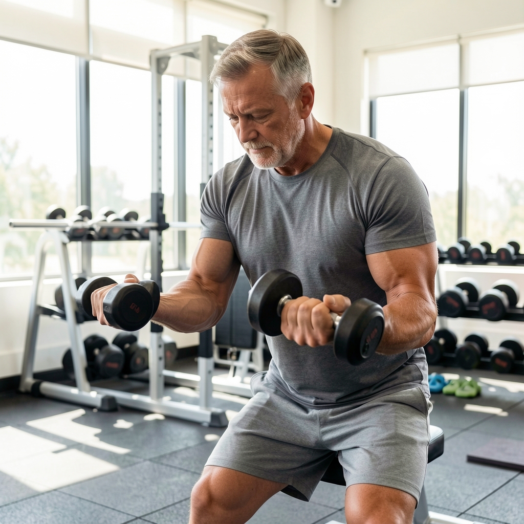 Mature man performing controlled dumbbell strength exercise in a bright training studio